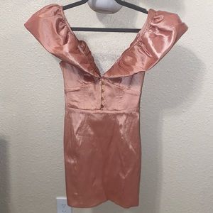 rose pink mini dress with puffy shoulders